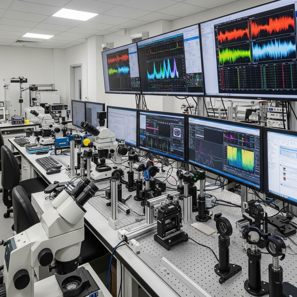 Modern engineering research laboratory with multiple high-resolution monitors displaying spectral analysis data, precision optical instruments on workbenches, and controlled lighting environment used for printhead characterization studies