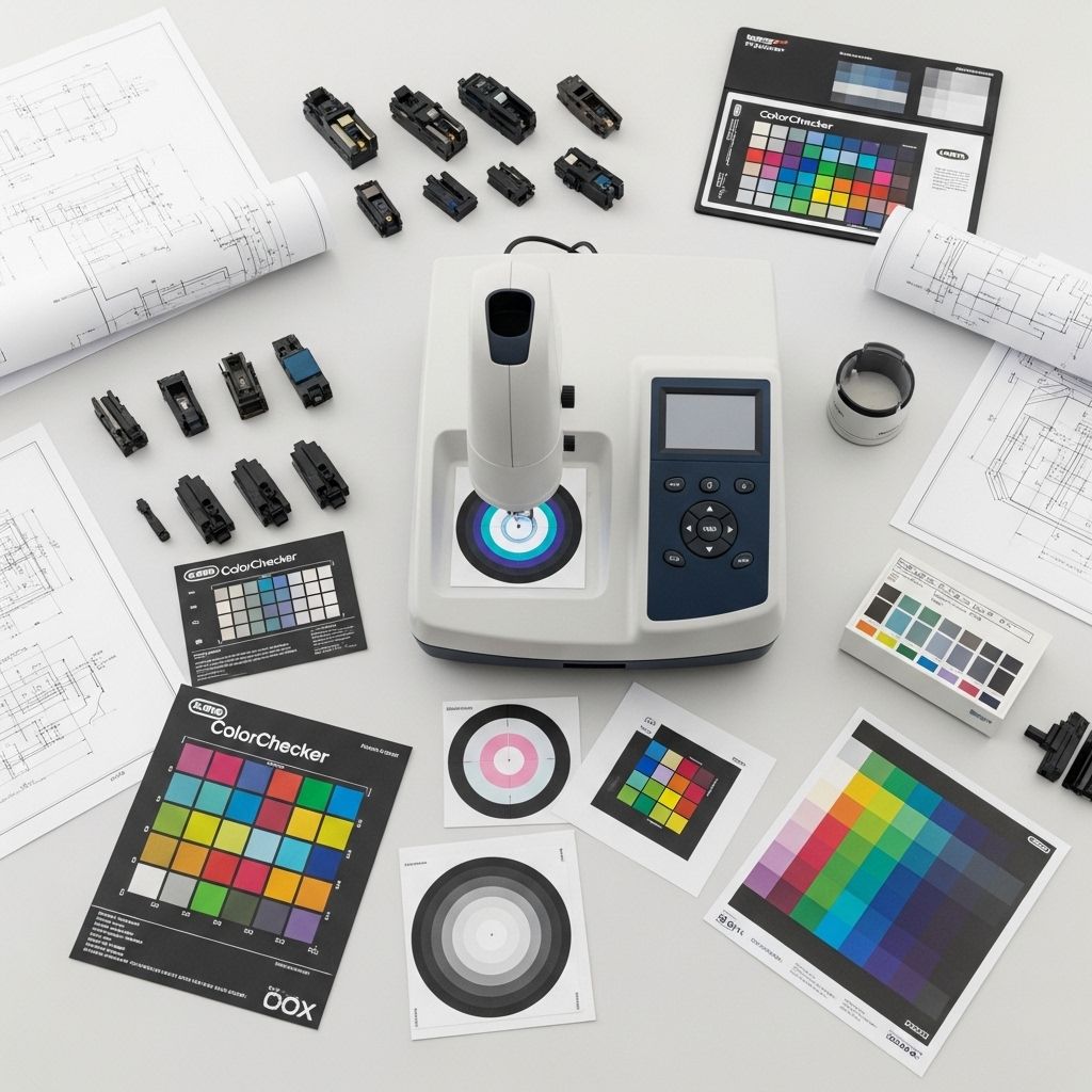 Wide-angle overhead view of an engineering research laboratory workbench with printhead samples, spectrophotometer equipment, color calibration targets and technical drawings spread across a clean white surface