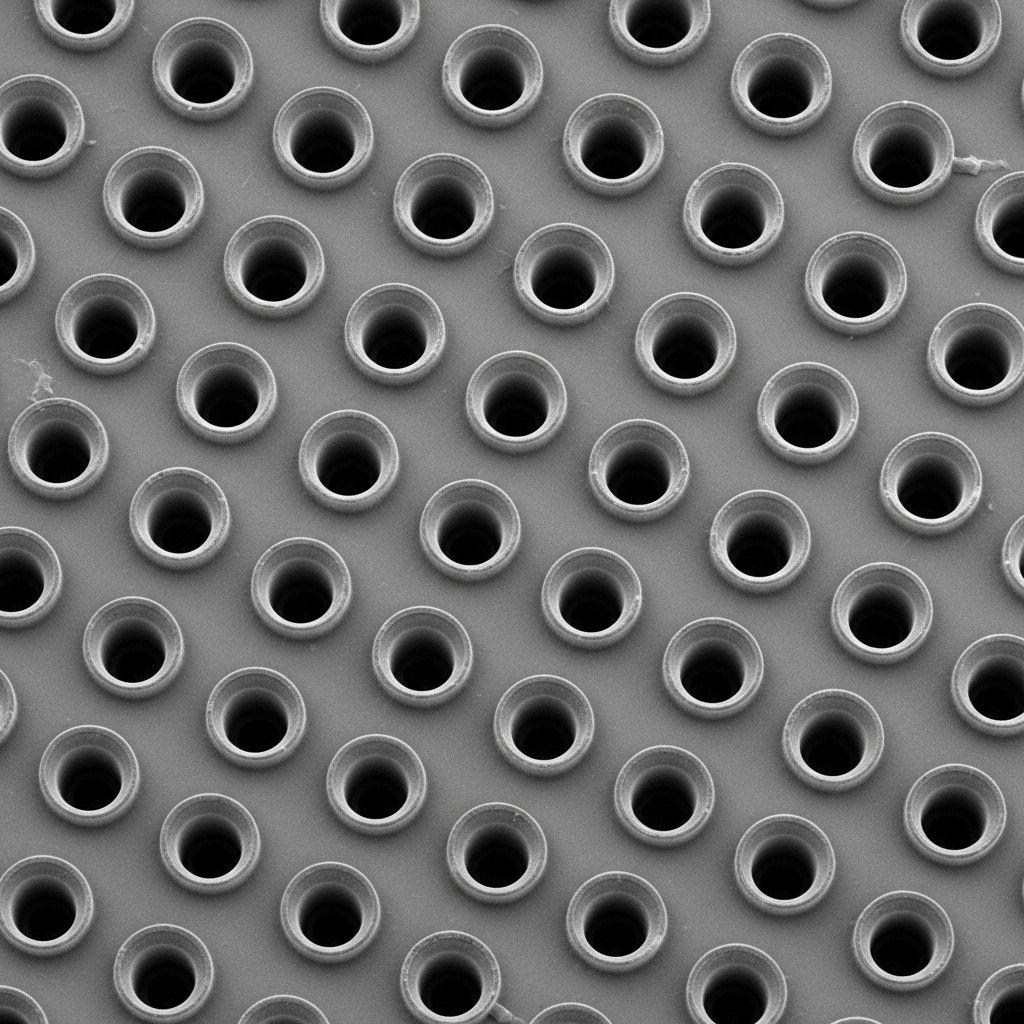 Scanning electron microscope image of a piezoelectric printhead nozzle array showing circular orifice openings of approximately 20 micrometers diameter etched into a silicon substrate