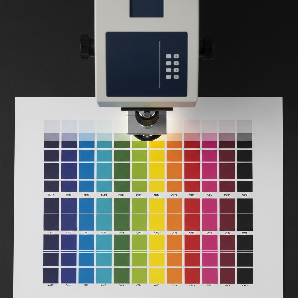 Spectrophotometric measurement setup with color calibration chart showing CMYK ink patches on coated paper stock, arranged in a systematic grid pattern under controlled studio lighting
