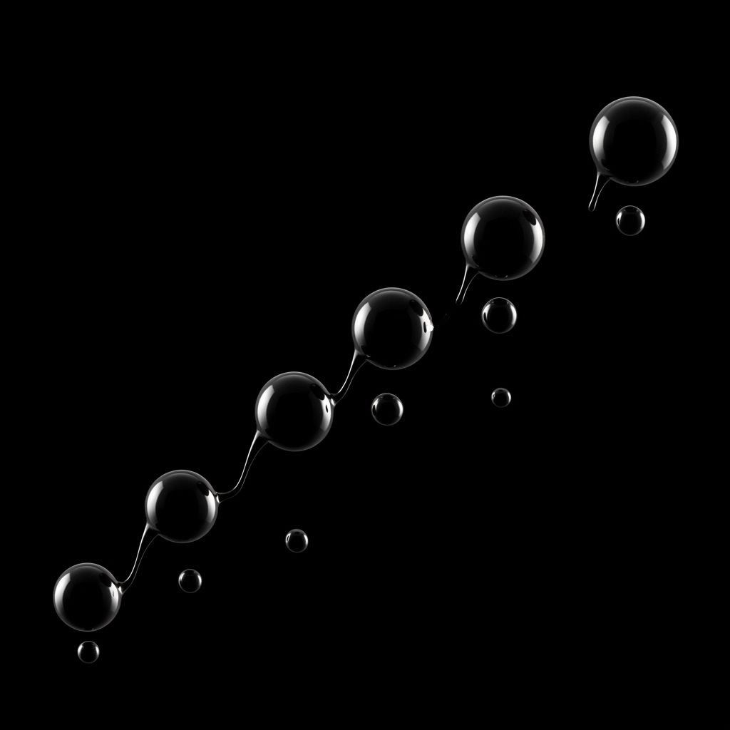 Ultra-high-speed stroboscopic photograph of ink droplet ejection sequence showing multiple droplet stages from nozzle exit to free-flight spherical formation against a dark background