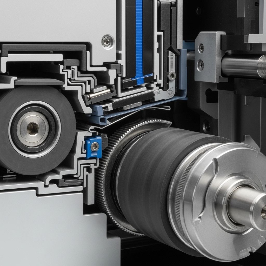 Technical engineering cross-section diagram photograph of paper transport rollers and encoder strip mechanism inside a precision printing device, showing rubber roller surface texture and metallic shafts