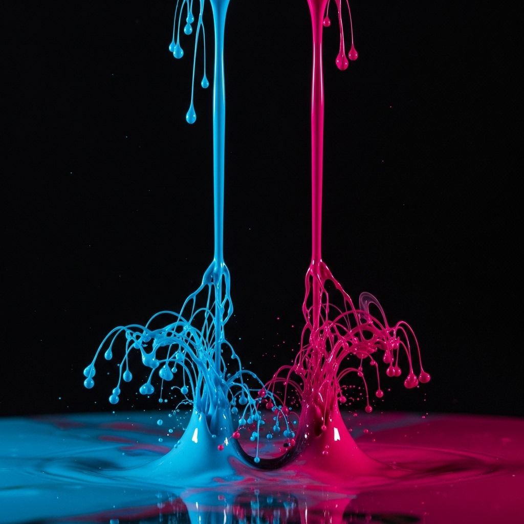 High-speed macro photography of cyan and magenta ink streams colliding in mid-air, showing fluid tendrils and droplet formation patterns against a black studio background