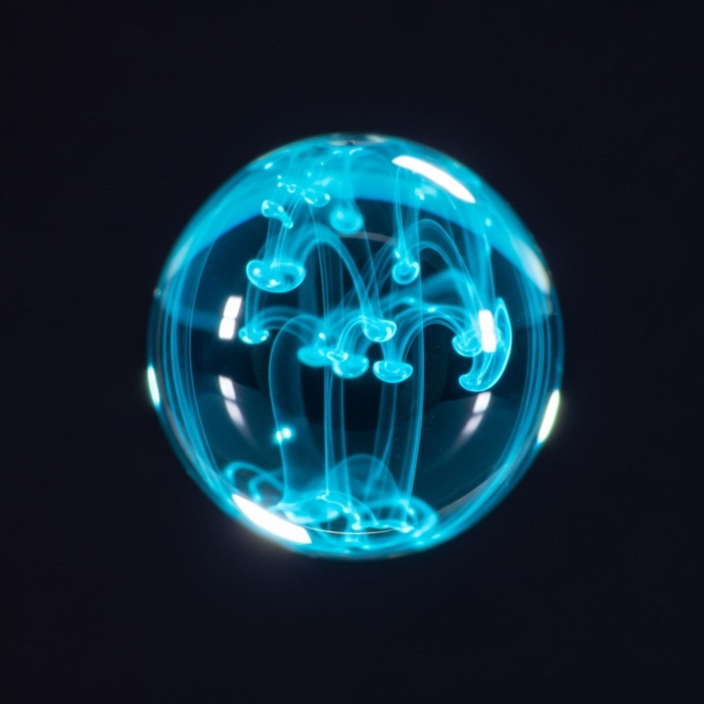 Extreme close-up macro photograph of cyan ink droplet suspended in mid-air against a dark background, showing spherical surface tension and internal light refraction