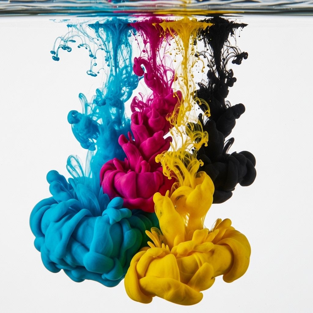 Scientific macro photograph of multiple colored ink drops dispersing in clear water, showing pigment particle diffusion patterns in cyan, magenta, yellow and black forming abstract chemical structures