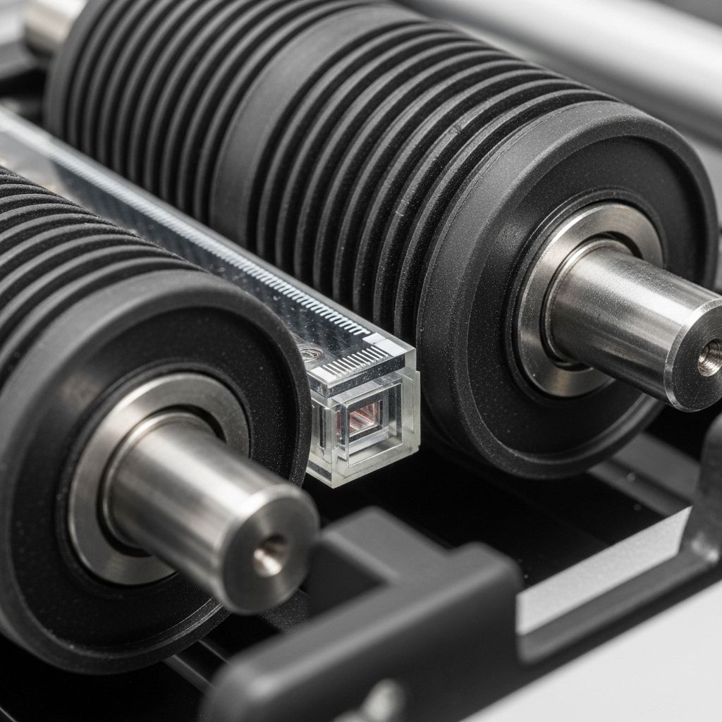 Close-up engineering photograph of precision rubber drive rollers and encoder strip inside a paper transport mechanism, showing metallic shafts and optical grating elements