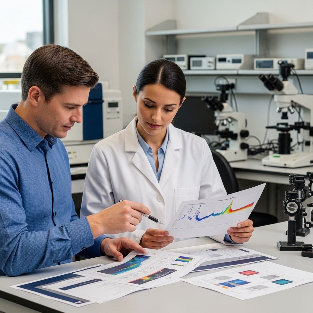 Two engineers at a laboratory workbench reviewing printed spectral analysis charts and technical engineering diagrams side by side, with precision optical measurement instruments in the background