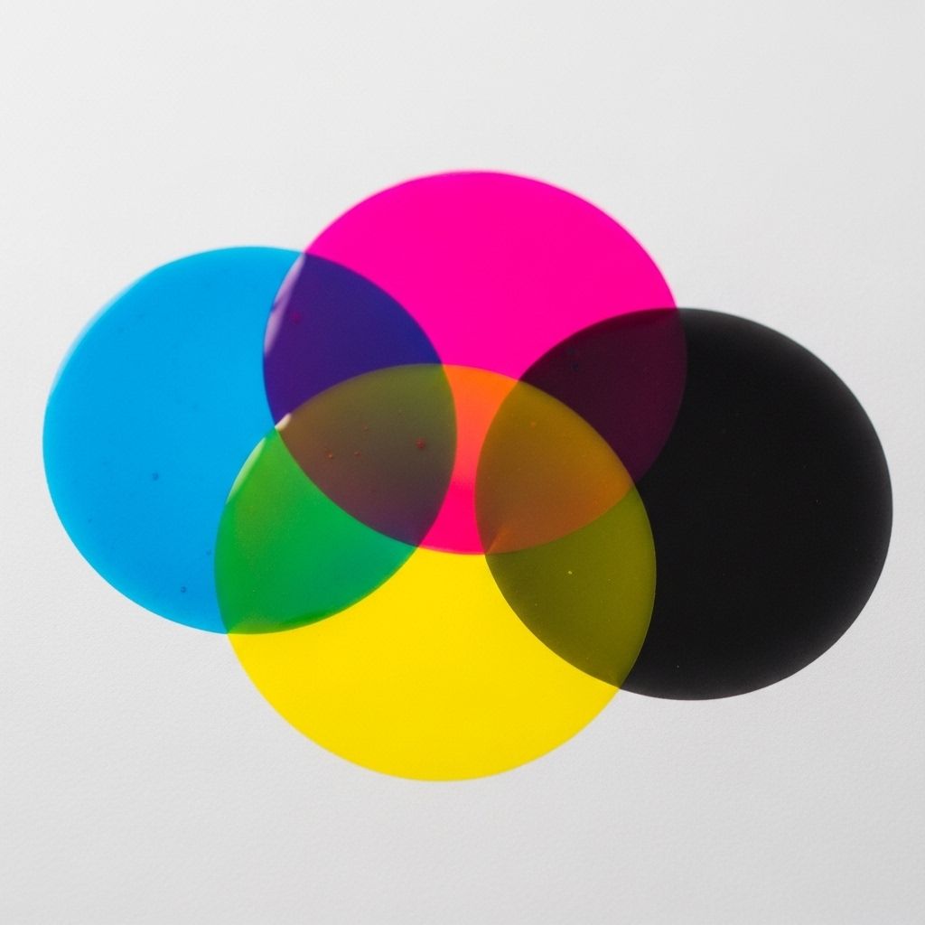 Macro photograph of CMYK color ink swatches arranged in overlapping translucent circles on a white surface, showing color mixing and subtractive color model relationships