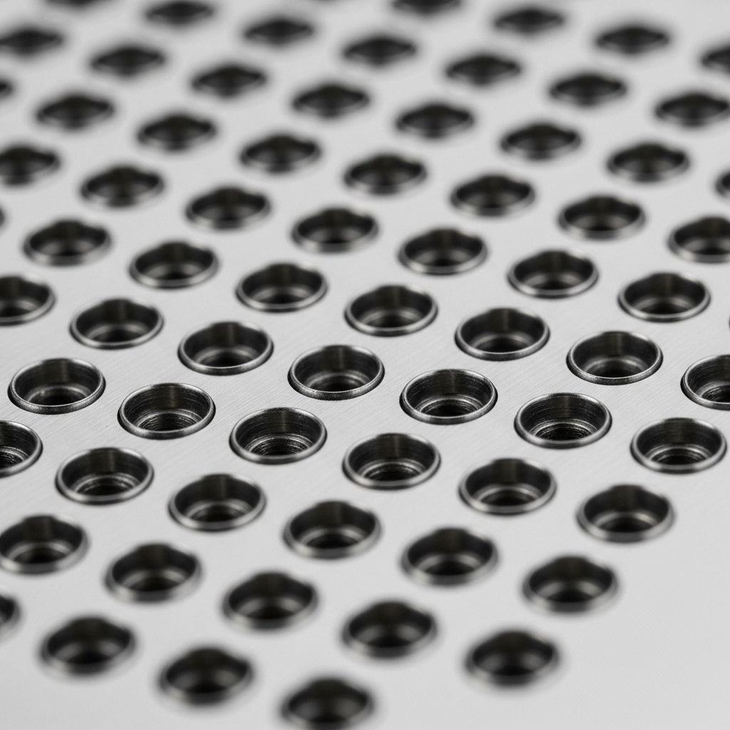 Extreme macro photograph of a piezoelectric inkjet printhead nozzle plate showing a regular array of circular nozzle orifices, each approximately 20 micrometers in diameter, on a polished stainless steel surface