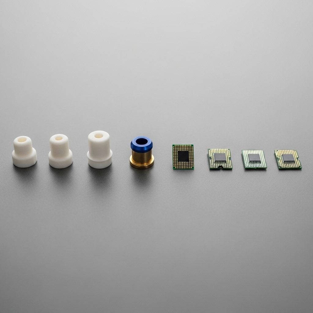 Flat lay of historical inkjet printhead components arranged chronologically on a neutral grey surface, showing evolution from large ceramic actuators to miniaturized MEMS chip arrays
